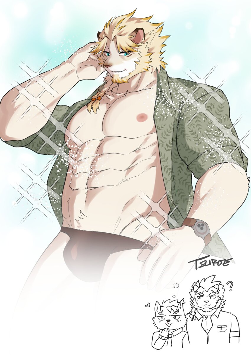 absurdres animal_ears artist_name astosis_(live_a_hero) bara black_male_swimwear blue_eyes braid chibi chibi_inset commentary dog_boy dog_ears english_commentary green_shirt heart highres leaf_print lion_boy lion_ears lion_mane live_a_hero male_focus male_protagonist_(live_a_hero) male_swimwear male_underwear male_underwear_pull nipples open_clothes open_shirt shirt smile sparkle swim_briefs tsuroe underwear watch wristwatch