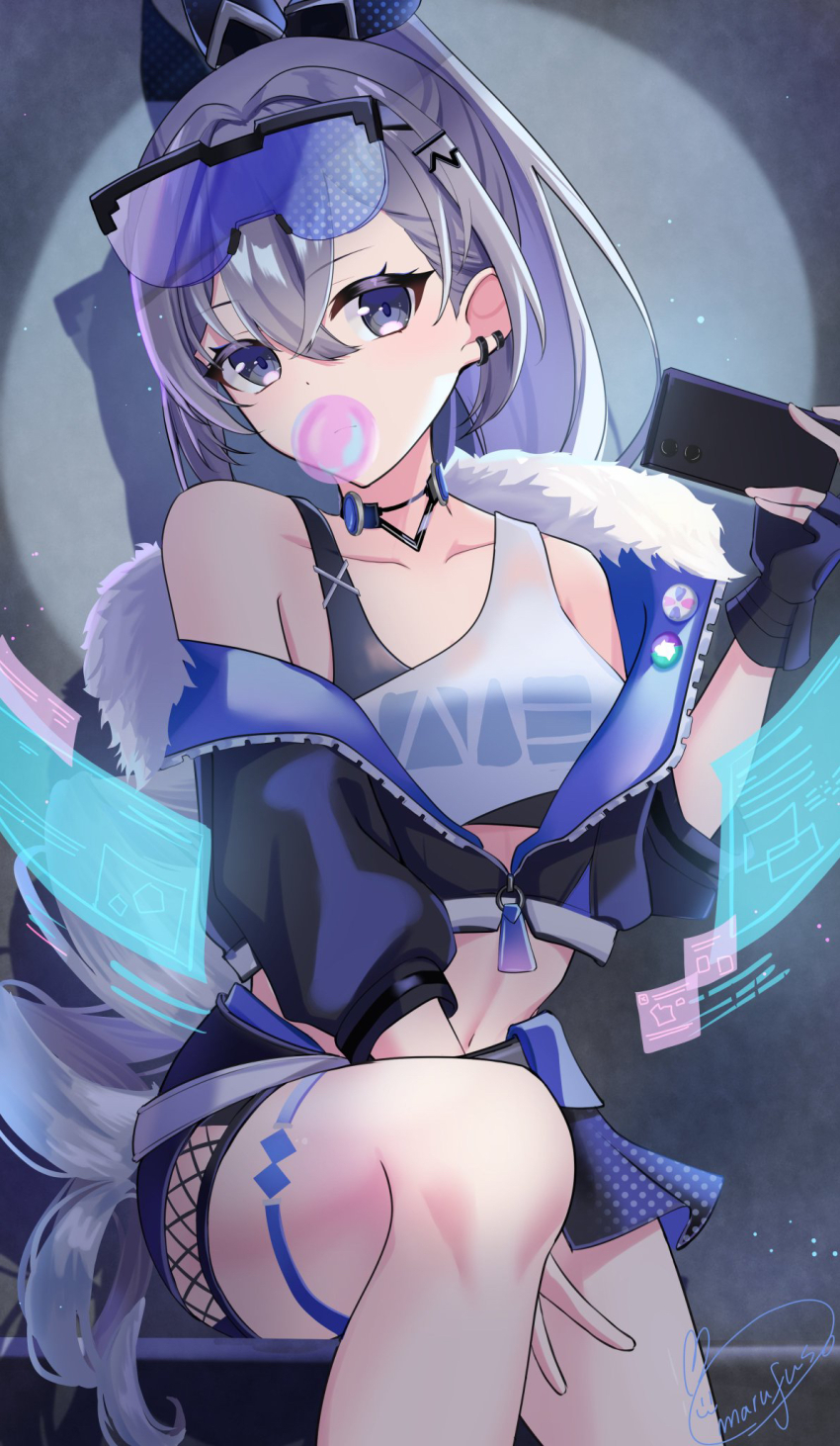 1girl black_gloves black_jacket black_ribbon black_shorts cellphone chewing_gum crop_top earrings eyewear_on_head fingerless_gloves fishnets fur-trimmed_jacket fur_trim gloves grey_eyes grey_hair hair_between_eyes hair_ribbon highres holding holding_phone honkai:_star_rail honkai_(series) jacket jewelry leg_tattoo long_hair long_sleeves looking_at_viewer marufus midriff navel phone ponytail ribbon shorts silver_wolf_(honkai:_star_rail) smartphone solo tattoo