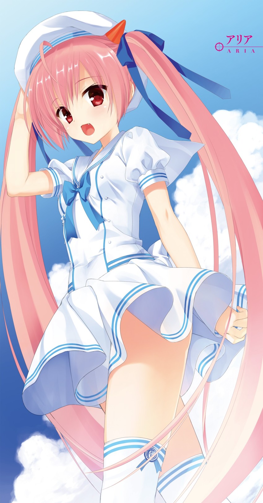 1girl absurdly_long_hair absurdres ahoge blue_neckwear blue_ribbon blue_skirt blue_sky character_name day fang female_focus floating_hair from_below hair_ribbon hand_on_headwear hat hidan_no_aria highres holding horns kanzaki_h._aria kobuichi long_hair miniskirt novel_illustration official_art open_mouth pink_hair pleated_skirt red_eyes ribbon sailor_collar shirt short_sleeves single_horn skirt sky solo standing thighhighs twintails very_long_hair white_hat white_sailor_collar white_shirt white_thighhighs