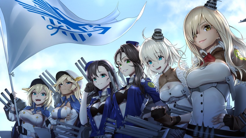 6+girls ahoge aqua_eyes arizona_(azur_lane) azur_lane bikini bikini_top_only bikini_under_clothes black_bikini black_gloves blonde_hair blue_eyes blue_hat blue_jacket blue_neckwear blue_sky breasts brown_hair buttons california_(azur_lane) chain cleavage cleavage_cutout clenched_hand closed_mouth clothing_cutout collar crossed_arms dark-skinned_female dark_skin day detached_collar double-breasted earrings emblem eyelashes fingerless_gloves flag fringe_trim gloves green_eyes hair_between_eyes hand_on_own_hip hat highres holding holding_flag jacket jewelry koubakotone lips long_hair long_sleeves looking_at_viewer machinery medium_breasts military_jacket mini_hat multiple_girls necktie nevada_(azur_lane) oklahoma_(azur_lane) open_clothes open_jacket outdoors pennsylvania_(azur_lane) ship_turret short_hair short_necktie short_sleeves sky sleeveless small_breasts smile swimsuit tennessee_(azur_lane) underbust upper_body white_hat