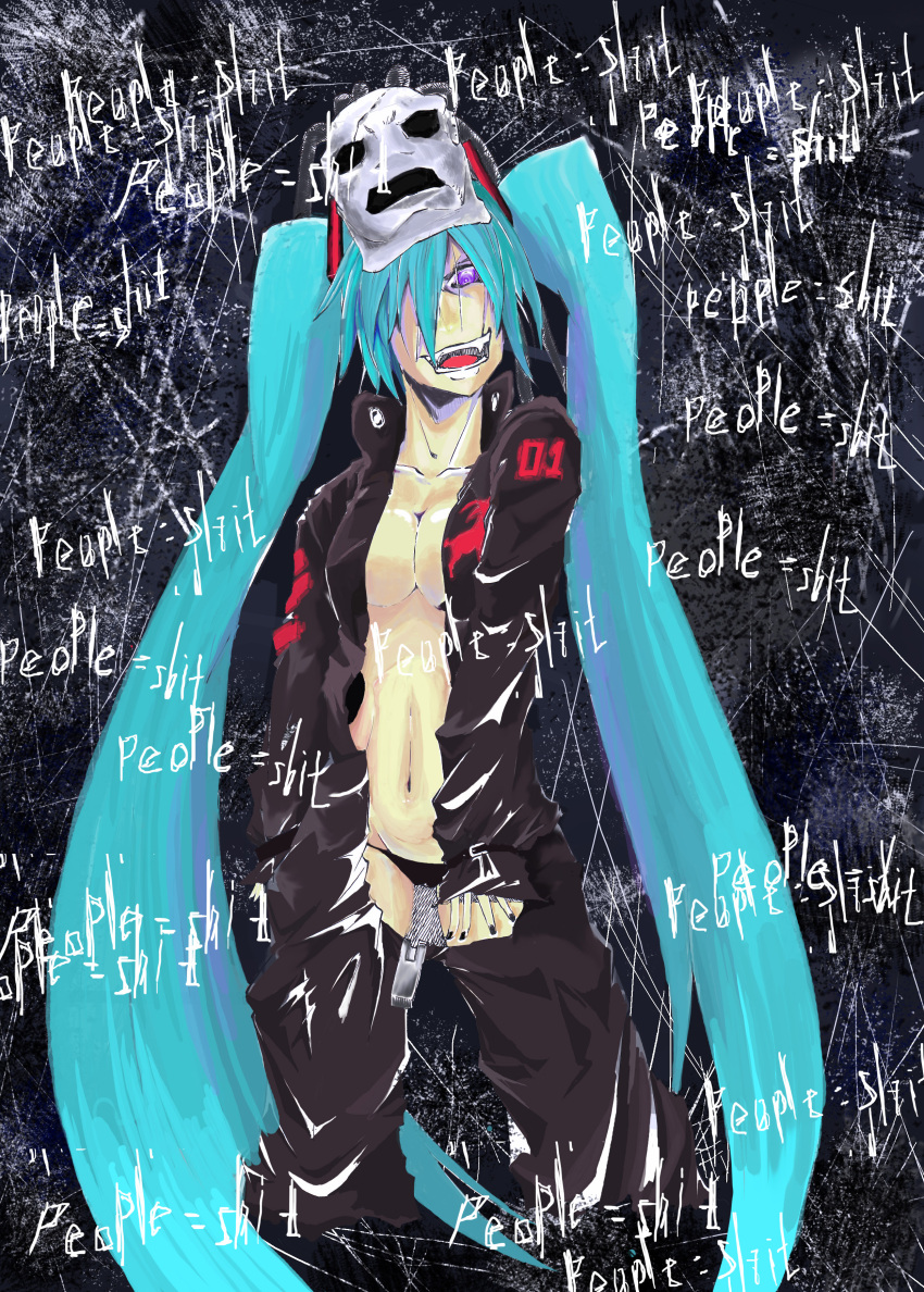 1girl abstract_background absurdres aqua_hair black_jumpsuit black_nails black_panties breasts center_opening cleavage corey_taylor corey_taylor(cosplay) cosplay crazy_smile english_text fangs foreground_text full-length_zipper hair_ornament hair_over_one_eye hatsune_miku heavy_metal highres jumpsuit kurihara_kazuake legs_apart long_hair long_sleeves lyrics mask mask_lift medium_breasts nail_polish open_mouth panties purple_eyes slipknot smile solo song_name twintails underwear unzipped very_long_hair vocaloid zipper