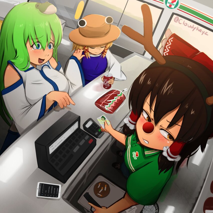 7-eleven animal_ears antlers blonde_hair blue_eyes blue_skirt blush bow breasts brown_eyes brown_hair can cash_register cellphone cigarette closed_eyes closed_mouth cloudykeyz contemporary cosplay costume desk dr_pepper drink_can employee_uniform fake_animal_ears frog_hair_ornament green_hair gun hair_bow hair_ornament hair_tubes hakurei_reimu handgun hat highres horns kochiya_sanae large_breasts laughing long_hair moriya_suwako open_mouth phone pointing red_bow reindeer_antlers rudolph_the_red_nosed_reindeer rudolph_the_red_nosed_reindeer_(cosplay) shirt shop short_hair skirt smartphone smile soda_can tears touhou twitter_username weapon white_shirt wide_sleeves