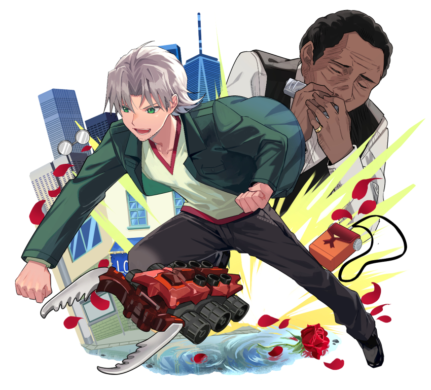 2boys andou_loid beard_stubble black_hair black_pants black_shoes black_vest building caesar_kaiser_emperor clenched_hands closed_eyes commentary_request curtained_hair dark-skinned_male dark_skin facial_hair flower green_eyes green_jacket grey_hair harmonica highres instrument jacket jewelry jinzou_konchuu_kabutoborg_vxv kuroda_(kuro_yyy) male_focus multiple_boys music open_mouth pants petals playing_instrument pouch red_flower red_petals red_rose reflection reflective_water ring rose rose_petals shirt shoes short_hair skyscraper smile stag_beetle standing stubble toy toy_car vest water white_shirt