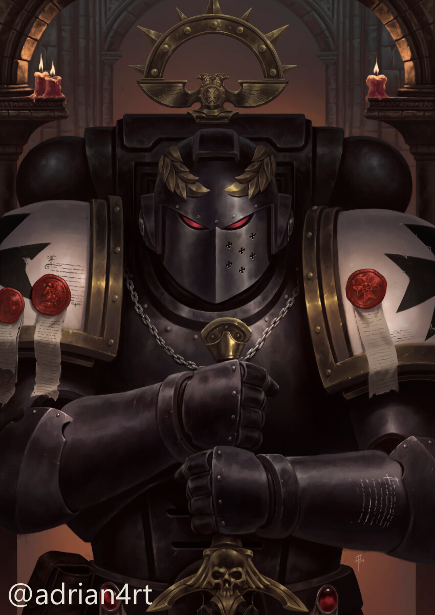 absurdres adrian4rt armor armor_writing black_armor black_templars breastplate candle chain clothes_writing commentary commission english_commentary engraved engraved_armor fake_text gauntlets gold_trim hands_on_hilt highres imperial_fists indoors laurel_crown male_focus pauldrons planted planted_sword planted_weapon power_armor purity_seal red_eyes rerebrace shoulder_armor straight-on sword upper_body warhammer_40k weapon