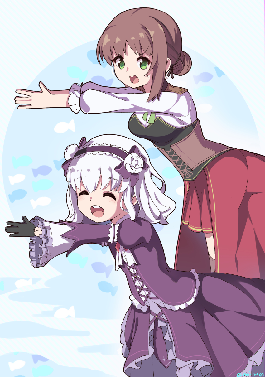 2girls absurdres black_gloves bob_cut brown_hair closed_eyes dancing dress duvalie eiyuu_densetsu fish_background flower gloves green_eyes hair_between_eyes hair_bun hair_flower hair_ornament hajimari_no_kiseki highres lapis_rosenberg lycoris_recoil meme multiple_girls naisu_(nai_su01) open_mouth parody puffy_sleeves sakana~_(meme) scene_reference sidelocks skirt smile twitter_username white_hair