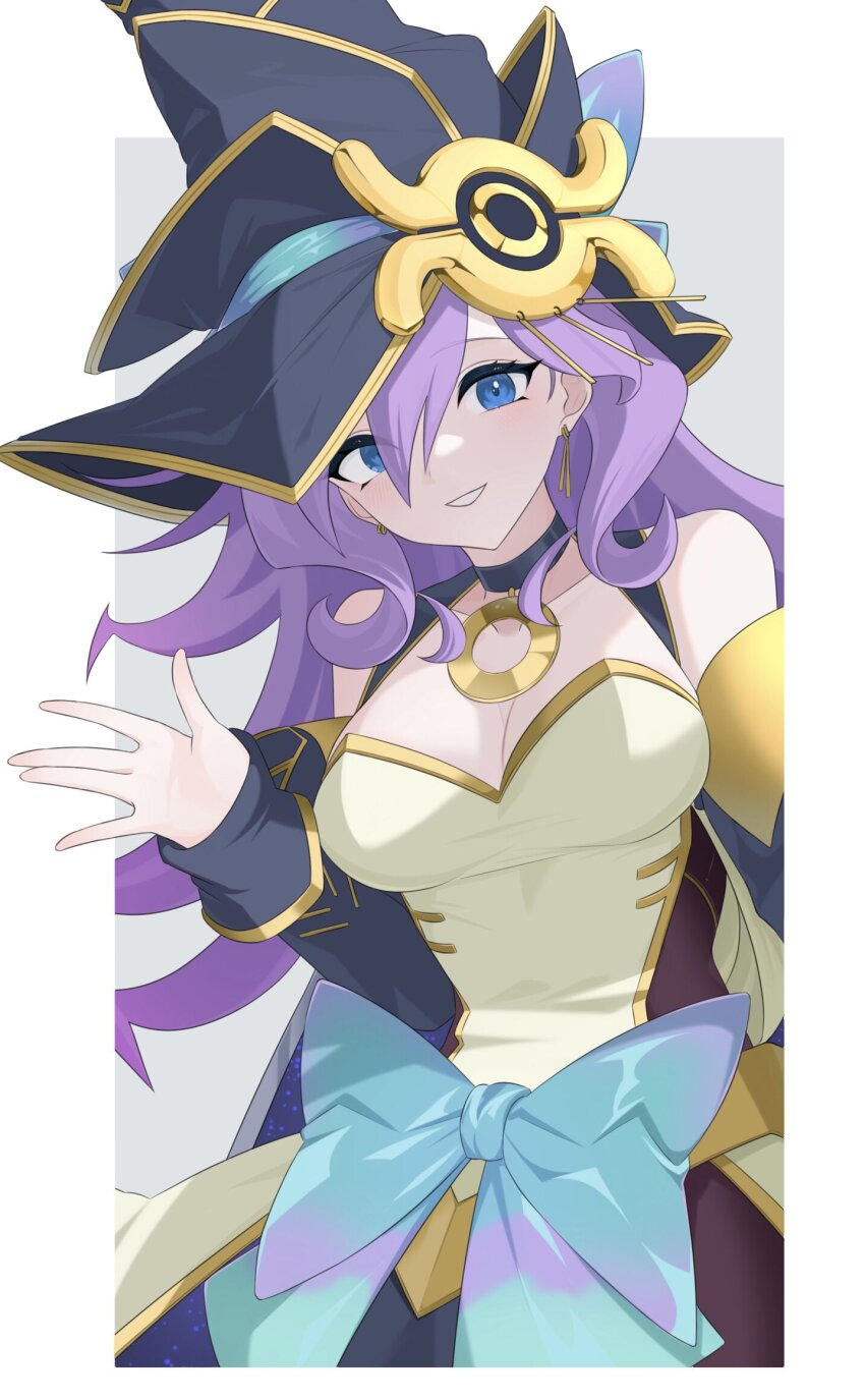 1girl bare_shoulders black_hat blue_eyes border breasts cleavage collarbone cowboy_shot duel_monster grey_background hat heichi highres long_hair nightmare_apprentice purple_hair shirt simple_background solo white_border yellow_shirt yu-gi-oh!
