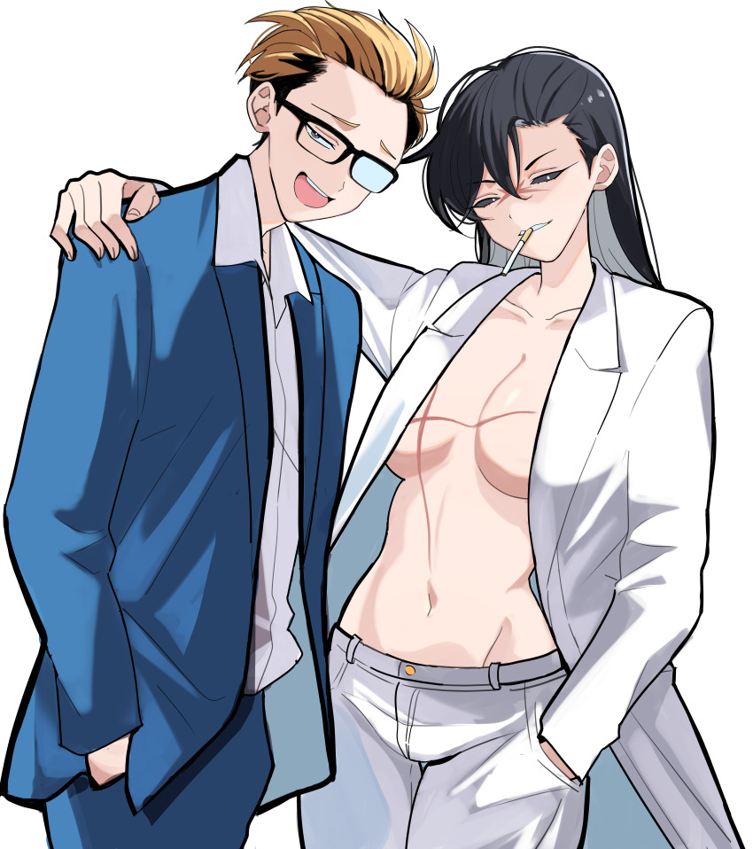 1boy 1girl absurdres black_hair black_sclera blonde_hair blue_suit breasts cigarette colored_inner_hair colored_sclera formal_clothes genderswap genderswap_(mtf) glasses grey_hair hand_in_pocket hand_on_another&#039;s_shoulder highres kasuga_kaya kim_joon_goo long_hair lookism mouth_hold multicolored_hair navel open_clothes open_shirt park_jong-geon scar scar_on_breasts scar_on_face scar_on_nose shirt short_hair simple_background small_breasts smile suit teeth_hold two-tone_hair white_background white_shirt