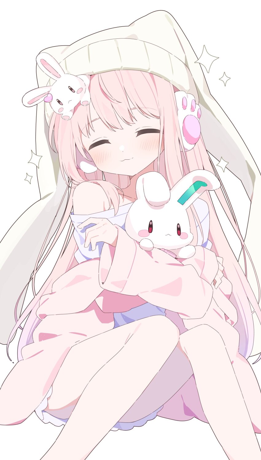 1girl :3 absurdres animal_hat beanie blush borrowed_character closed_eyes commentary_request commission facing_viewer feet_out_of_frame hat highres holding holding_stuffed_toy long_hair long_sleeves original pink_hair pink_sweater rabbit_hat shirt simple_background single_bare_shoulder sitting skeb_commission smile solo stuffed_animal stuffed_rabbit stuffed_toy sweater urotsuki_(ku9625) white_background white_hat white_shirt