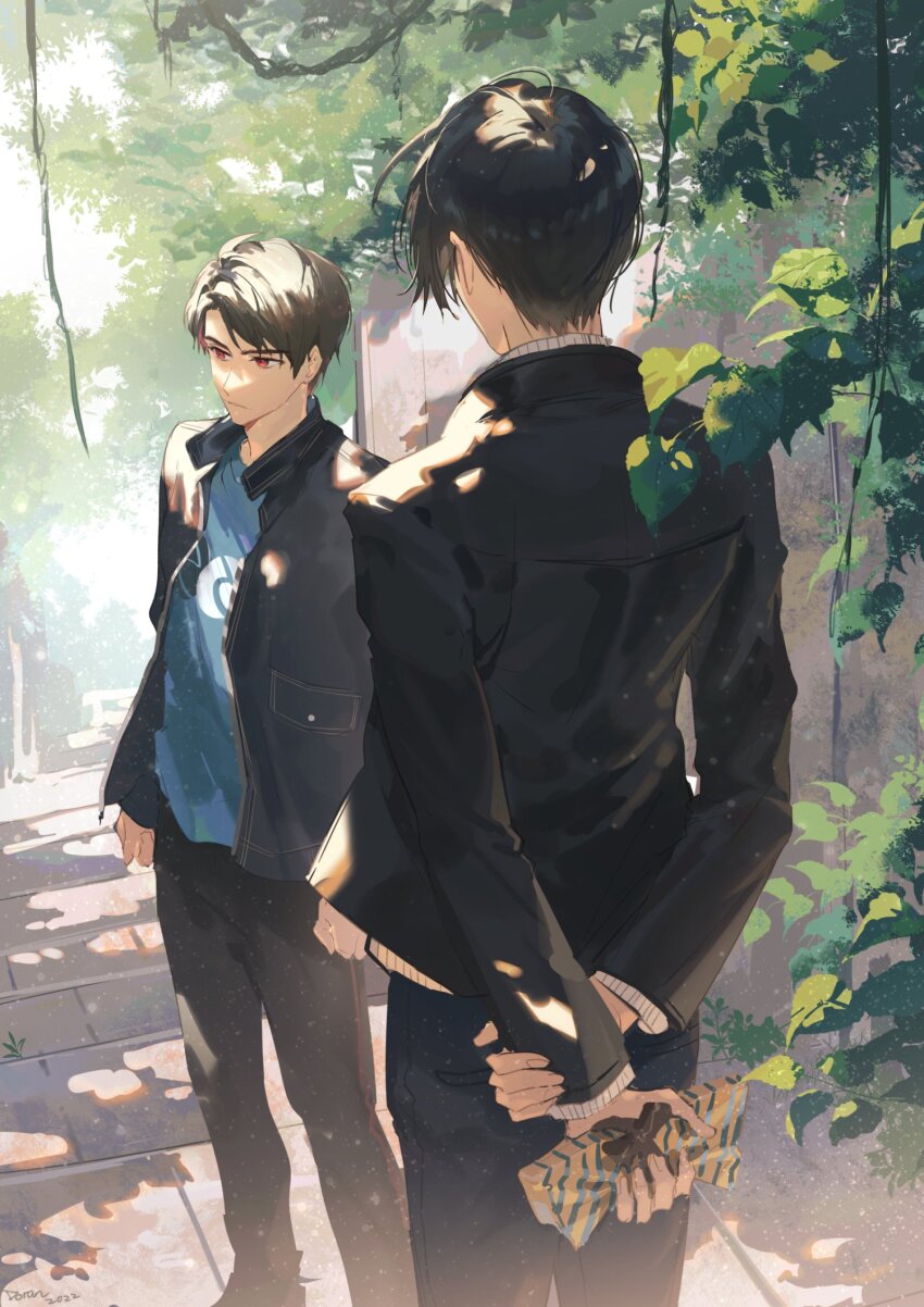 2boys black_hair black_jacket black_pants blue_shirt brothers brown_hair doran_(doran7280) facing_another gift highres holding holding_gift igarashi_daiji igarashi_ikki jacket kamen_rider kamen_rider_revice male_focus multiple_boys pants pink_eyes shirt siblings stairs tree white_shirt
