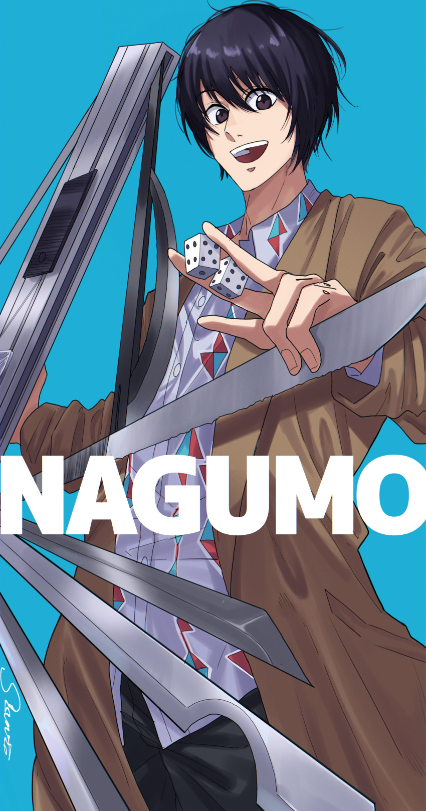1boy :d absurdres black_hair black_pants blue_background brown_coat brown_eyes character_name coat dice hair_between_eyes highres holding holding_weapon long_sleeves male_focus nagumo_(sakamoto_days) open_clothes open_coat open_mouth pants sakamoto_days shirt shishiruto short_hair smile solo weapon white_shirt