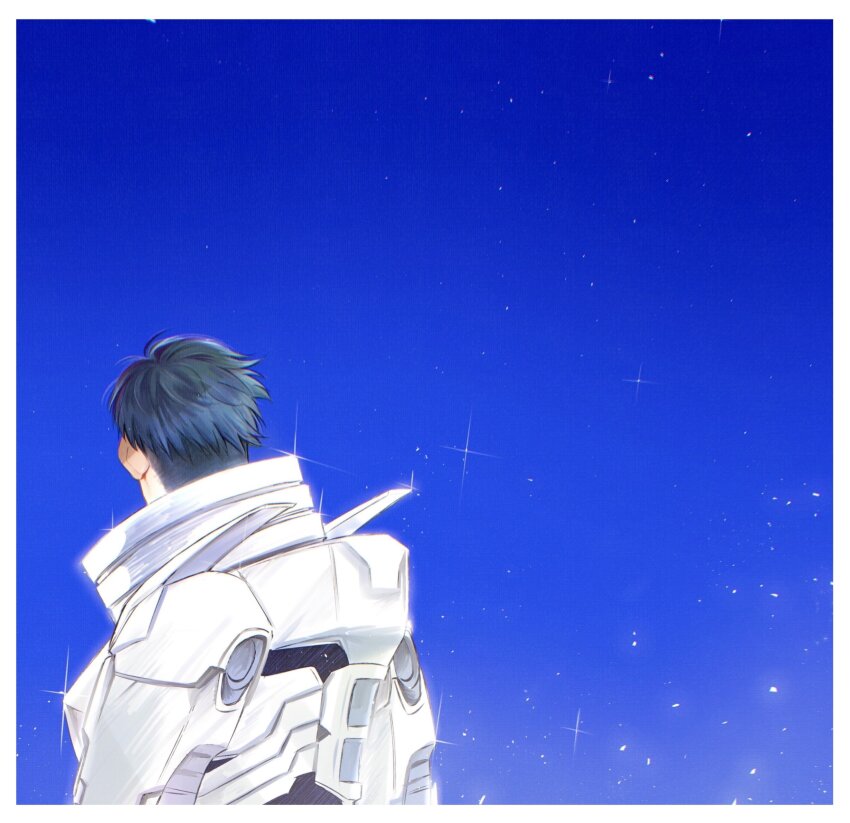 1boy absurdres armor arms_at_sides blue_background blue_hair blue_sky boku_no_hero_academia border facing_away from_side highres iida_tenya konsobastew light_particles male_focus outdoors short_hair sky solo sparkle white_armor white_border