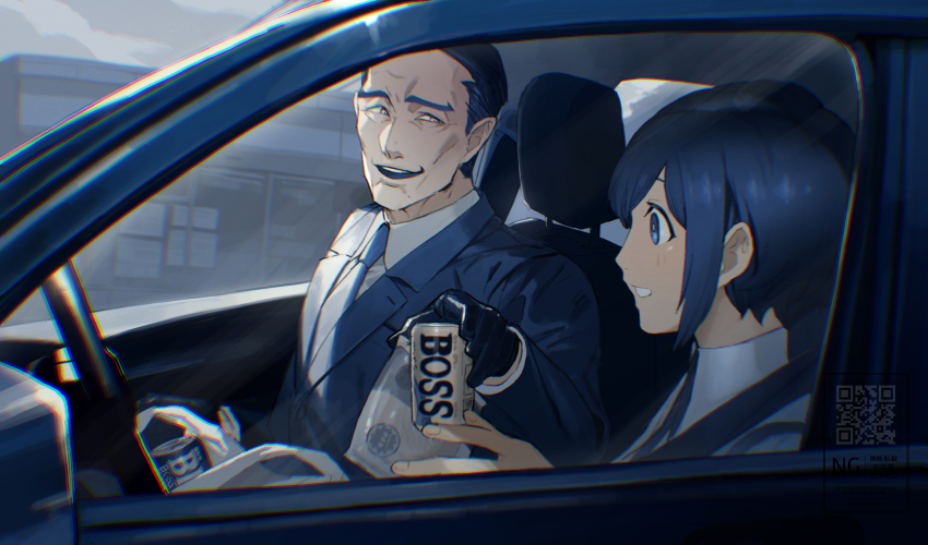 1boy 1girl black_gloves blazer blue_eyes blue_hair blue_necktie blue_theme can car car_interior collared_shirt commentary_request drink_can fukurai_azami gloves highres holding holding_can jacket long_sleeves looking_at_another motor_vehicle necktie open_mouth saida_(ohda_ooda) shirt short_hair smile tomiiri_junzo toshi_densetsu_kaitai_center upper_body white_shirt