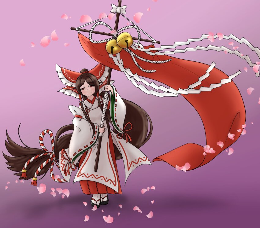 absurdly_long_hair absurdres battle_standard bell bow brown_hair cherry_blossoms chihaya_(clothing) detached_sleeves foul_detective_satori frilled_bow frilled_hair_tubes frills gensokyo&#039;s_first_hakurei_miko gohei gradient_background hair_bow hair_ribbon hair_tubes highres holding holding_gohei japanese_clothes jingle_bell k0suka kosode large_bow light_smile long_hair long_sidelocks low-tied_long_hair miko red_eyes red_flag ribbon sandals sidelocks tabi touhou very_long_hair