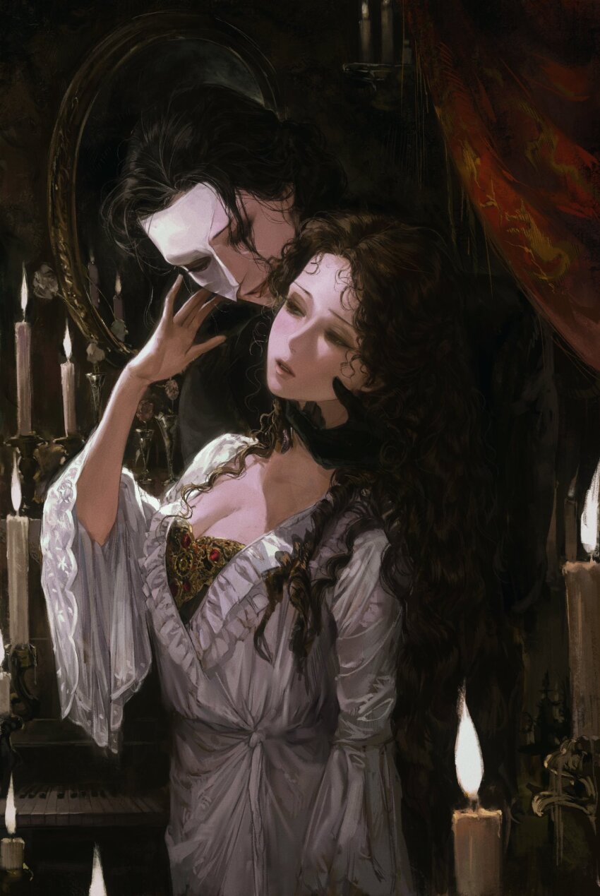 2girls black_eyeshadow black_gloves black_hair breasts brown_hair candle christine_daae cleavage commentary couple curly_hair curtains dress english_commentary erik_(phantom_of_the_opera) eyeshadow genderswap genderswap_(mtf) gloves half-closed_eyes half_mask hand_on_another&#039;s_cheek hand_on_another&#039;s_face hand_on_own_face hand_up highres instrument light_smile long_hair looking_down makeup mask mirror multiple_girls parted_lips phantom_of_the_opera piano ringlets seapall standing upper_body white_dress white_mask wide_sleeves yuri
