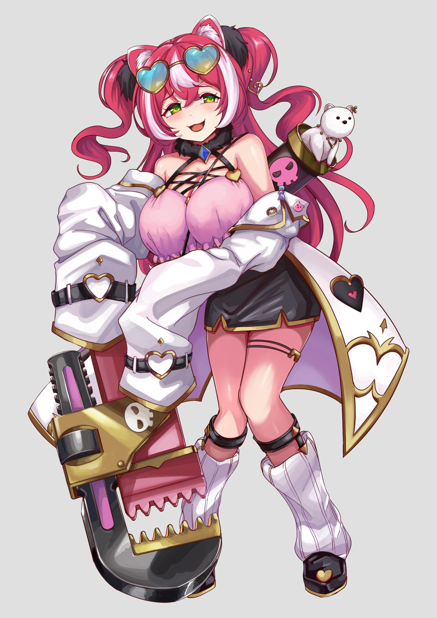 1girl animal_ear_fluff animal_ears black_skirt blue_gemstone breasts camisole cleavage cloak detached_sleeves eyewear_on_head fubuki_(princess_connect!) full_body fur_collar fur_hair_tie gem green_eyes hair_ornament heart heart-shaped_eyewear heart_hair_ornament highres holding holding_weapon huge_breasts knees_together_feet_apart leg_warmers long_hair long_sleeves mesugaki mononoke_(pixiv53597254) multicolored_hair open_mouth pencil_skirt pink_camisole pink_hair princess_connect! simple_background skirt solo standing streaked_hair thigh_strap twintails weapon white_cloak white_leg_warmers white_sleeves white_streaks yellow-framed_eyewear