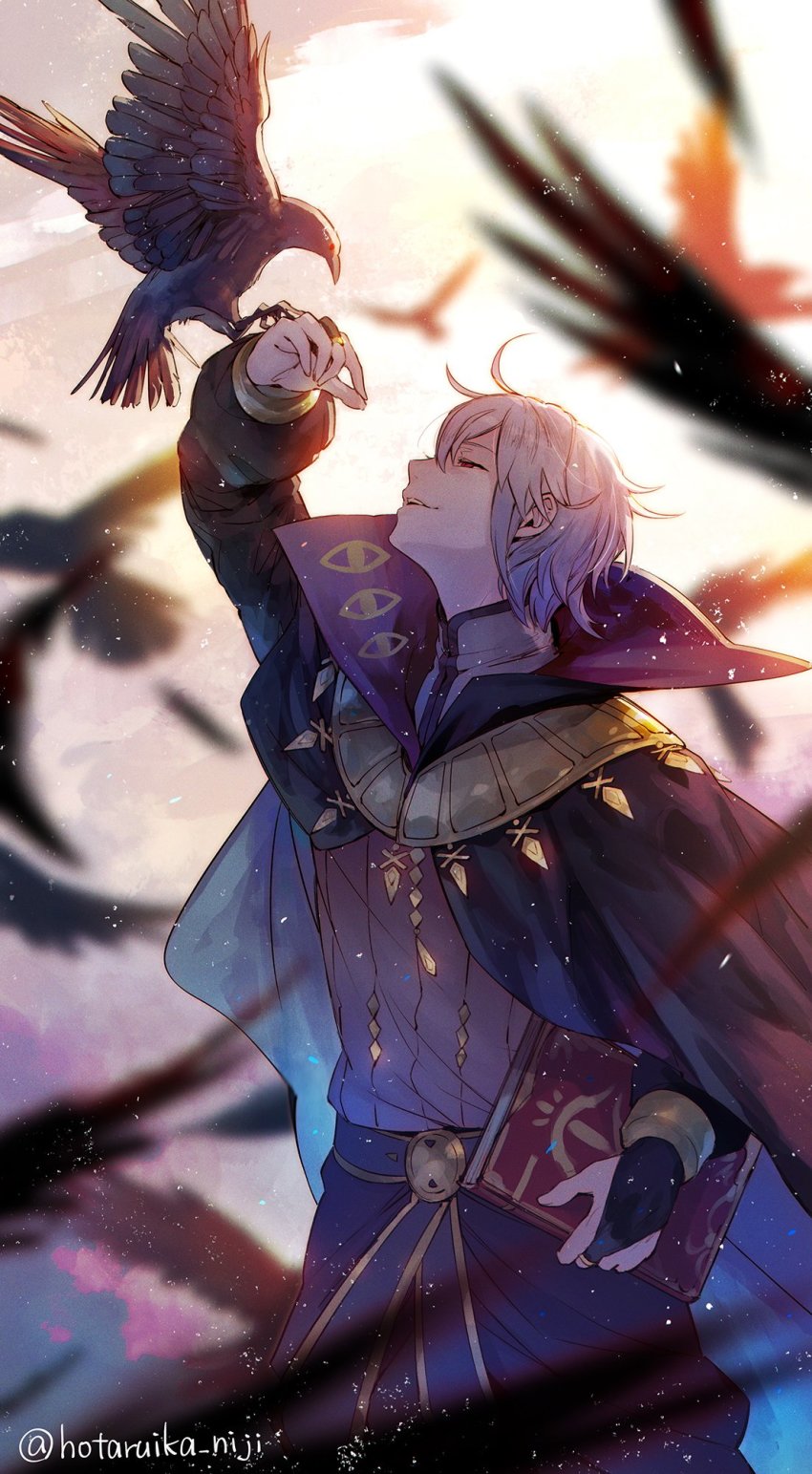 1boy animal beak bird bird_on_hand black_bridal_gauntlets book bridal_gauntlets cape collar crow feathers fire_emblem fire_emblem_awakening henry_(fire_emblem) highres holding holding_book hotaruika_niji nintendo open_mouth short_hair white_hair