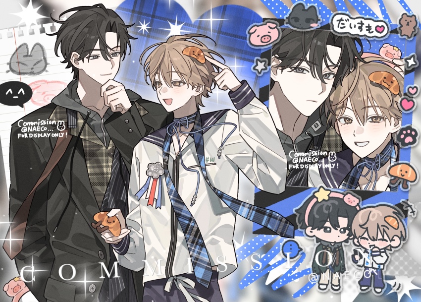 2boys black_hair brown_eyes brown_hair chibi chibi_inset coat collar evodtonaeco hair_between_eyes heart highres holding jacket long_sleeves male_focus multiple_boys multiple_views open_mouth original pants plaid_clothes sailor_collar shirt short_hair smile