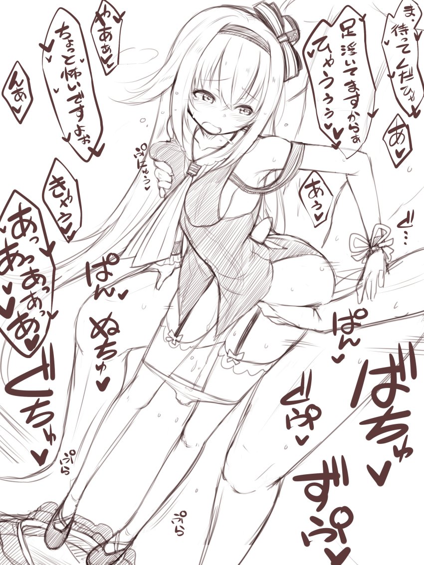 .live 1boy 1girl absurdres carro_pino commentary_request covered_erect_nipples doggystyle esoragoto grabbing_another&#039;s_breast groping headband hetero highres long_hair looking_back monochrome motion_lines open_mouth panties panty_pull sex sex_from_behind underwear virtual_youtuber white_background