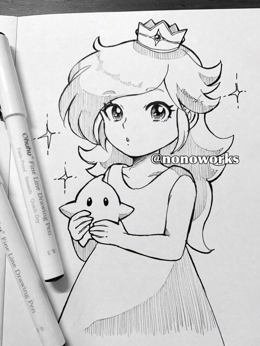 1girl aged_down commentary crown dress english_commentary eyelashes greyscale highres long_hair looking_at_viewer luma_(mario) mario_(series) marker_(medium) monochrome nintendo nonoworks parted_lips photo_(medium) rosalina sleeveless sleeveless_dress super_mario_galaxy traditional_media twitter_username