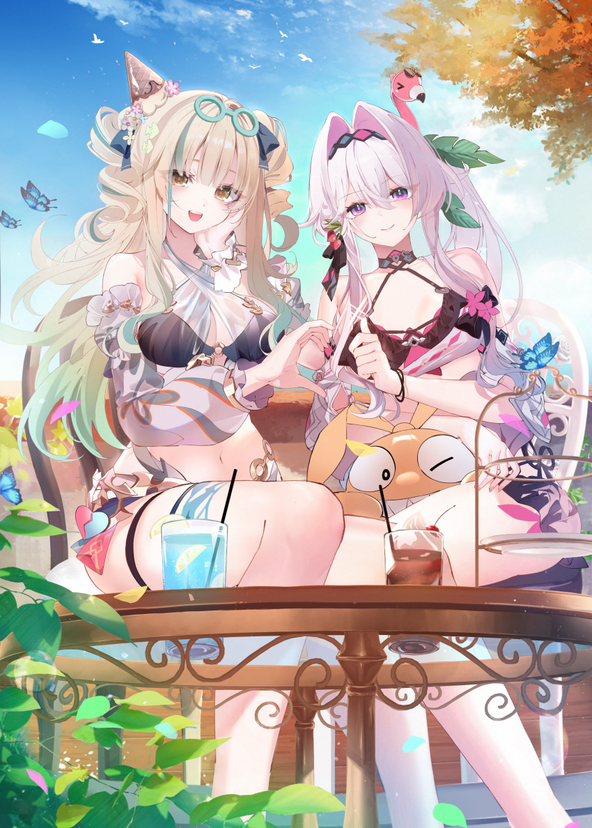 2girls absurdres bare_shoulders bikini black_bikini blonde_hair blue_sky breasts chair commentary cup english_commentary goggles goggles_on_head hair_intakes hair_ornament half-heart_hands highres homu_(honkai_impact) honkai_(series) honkai_impact_3rd kaya_(ayase_kaya) large_breasts long_hair looking_at_viewer midriff multiple_girls navel official_alternate_costume on_chair purple_eyes second-party_source sitting sky smile songque songque_(whitewave_topper) swimsuit thelema_nutriscu thelema_nutriscu_(roseate_summer) thigh_strap thumbs_up very_long_hair white_hair yellow_eyes
