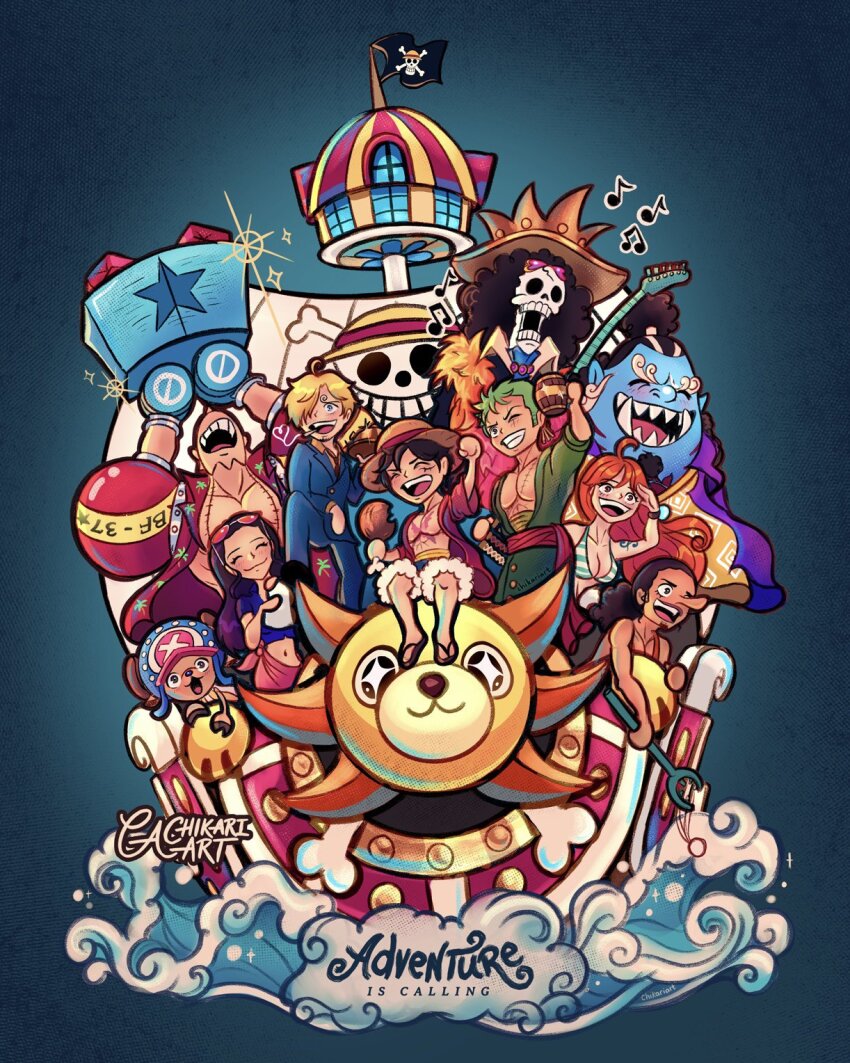 2girls 6+boys arm_tattoo arms_up black_hair blue_skin boat brook_(one_piece) chibi chikariart colored_skin commentary cross crown cup english_commentary feather_boa flag franky_(one_piece) green_hair green_kimono guitar hair_over_one_eye hat highres holding holding_cup holding_instrument instrument japanese_clothes jinbe_(one_piece) jolly_roger kimono log_pose long_nose monkey_d._luffy multiple_boys multiple_girls nami_(one_piece) nami_(one_piece)_(return_to_sabaody) nico_robin nico_robin_(return_to_sabaody) one_piece orange_hair ponytail roronoa_zoro sanji_(one_piece) scar scar_on_face sharp_teeth skeleton star-shaped_pupils star_(symbol) stitched_torso stitches straw_hat straw_hat_pirates straw_hats_jolly_roger symbol-shaped_pupils tattoo teeth thousand_sunny tony_tony_chopper usopp water watercraft