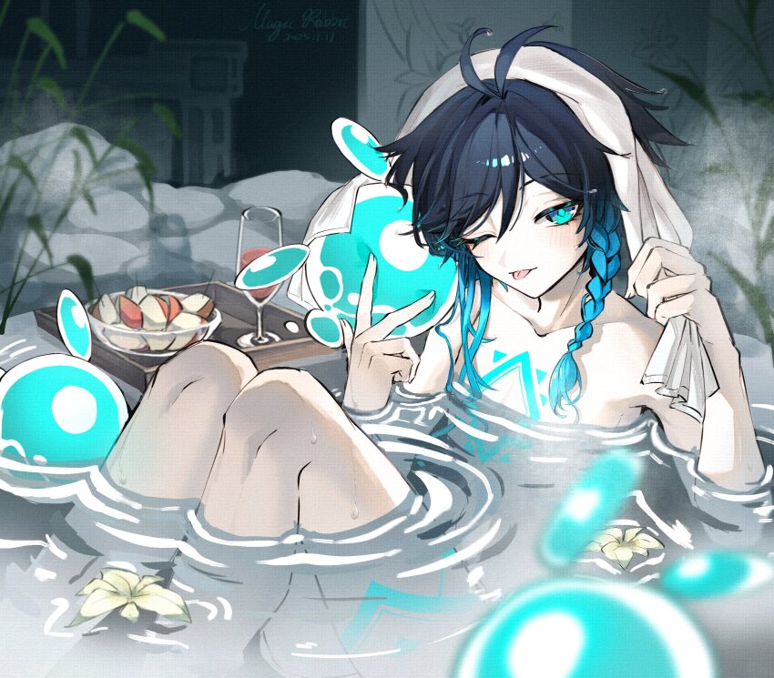 1boy 3others absurdres alcohol androgynous antenna_hair aqua_eyes aqua_hair artist_name bathing black_hair blush bowl braid cecilia_flower_(genshin_impact) chest_tattoo convenient_leg cup dated drinking_glass floating_flowers floating_tray flower food fruit genshin_impact gradient_hair highres leg_tattoo multicolored_hair multiple_others muxi297 nude one_eye_closed seelie_(genshin_impact) short_hair_with_long_locks side_braids tattoo tongue tongue_out towel towel_on_head twin_braids v venti_(genshin_impact) water_drop white_flower wine wine_glass wooden_tray