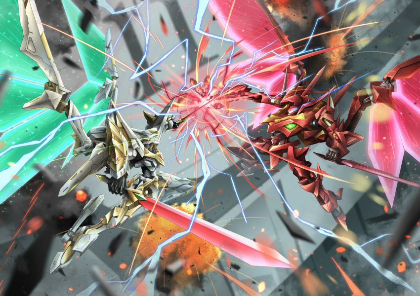 absurdres armor clenched_hands code_geass electricity energy energy_wings flying glowing glowing_wings green_eyes guren_(code_geass) guren_s.e.i.t.e.n._eight_elements highres holding holding_sword holding_weapon knightmare_frame lancelot_(code_geass) lancelot_albion mecha no_humans plasma robot science_fiction sky sword tagme troy_(oxaa01ex) weapon wings