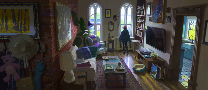 1girl absurdres anthony_brault arched_window bag baseball_cap bathroom blue_jacket book bookshelf brick_wall cable cellphone chair chessboard clothes_hanger commentary controller couch cup doorway english_commentary faucet flat_screen_tv from_behind handbag hat heater highres indoors jacket kitchen lampshade leaf looking_outside mirror original pantyhose phone picture_frame pillow pink_hat plant potted_plant remote_control rug scenery shoes sink skirt smartphone sneakers standing stuffed_animal stuffed_toy table teddy_bear television tile_floor tiles umbrella wide_shot window