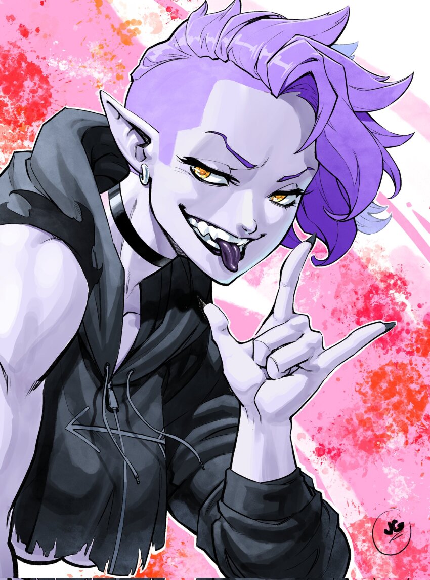 1girl \m/ asymmetrical_hair black_choker black_hoodie choker colored_skin crop_top earrings grey_skin highres hood hoodie initial jewelry jgeorgedrawz looking_at_viewer orange_eyes original pointy_ears purple_hair short_hair sidecut solo tongue tongue_out torn_clothes torn_hoodie undercut