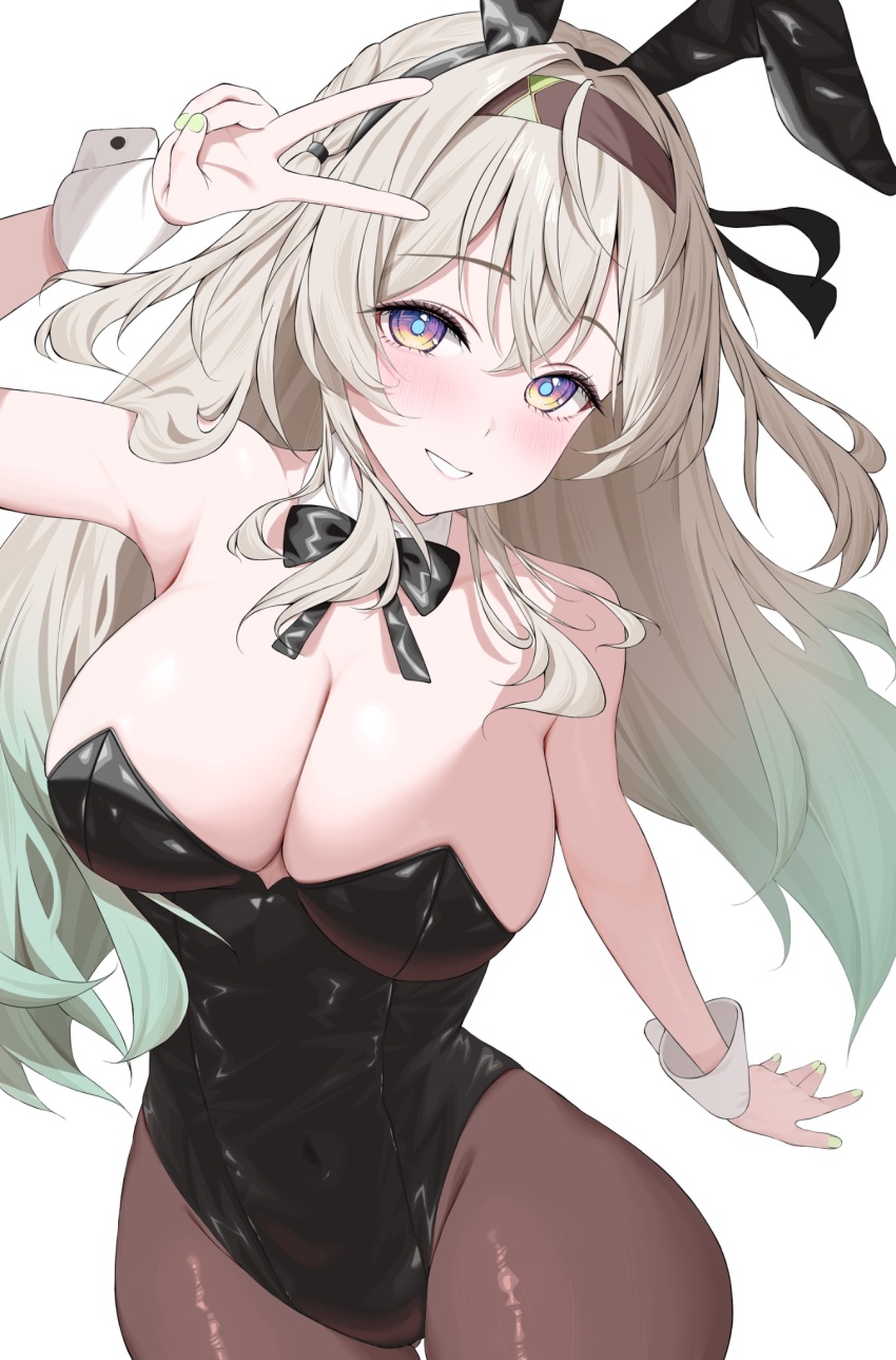 1girl akatana_(ewokakitaindes) animal_ears black_bow black_bowtie black_hairband blue_pupils bow bowtie breasts brown_pantyhose commentary_request cowboy_shot detached_collar fake_animal_ears firefly_(honkai:_star_rail) gradient_hair green_hair grey_hair hairband highres honkai:_star_rail honkai_(series) large_breasts leotard long_hair multicolored_eyes multicolored_hair pantyhose playboy_bunny purple_eyes rabbit_ears simple_background smile solo two-tone_eyes two-tone_hair v white_background wrist_cuffs yellow_eyes