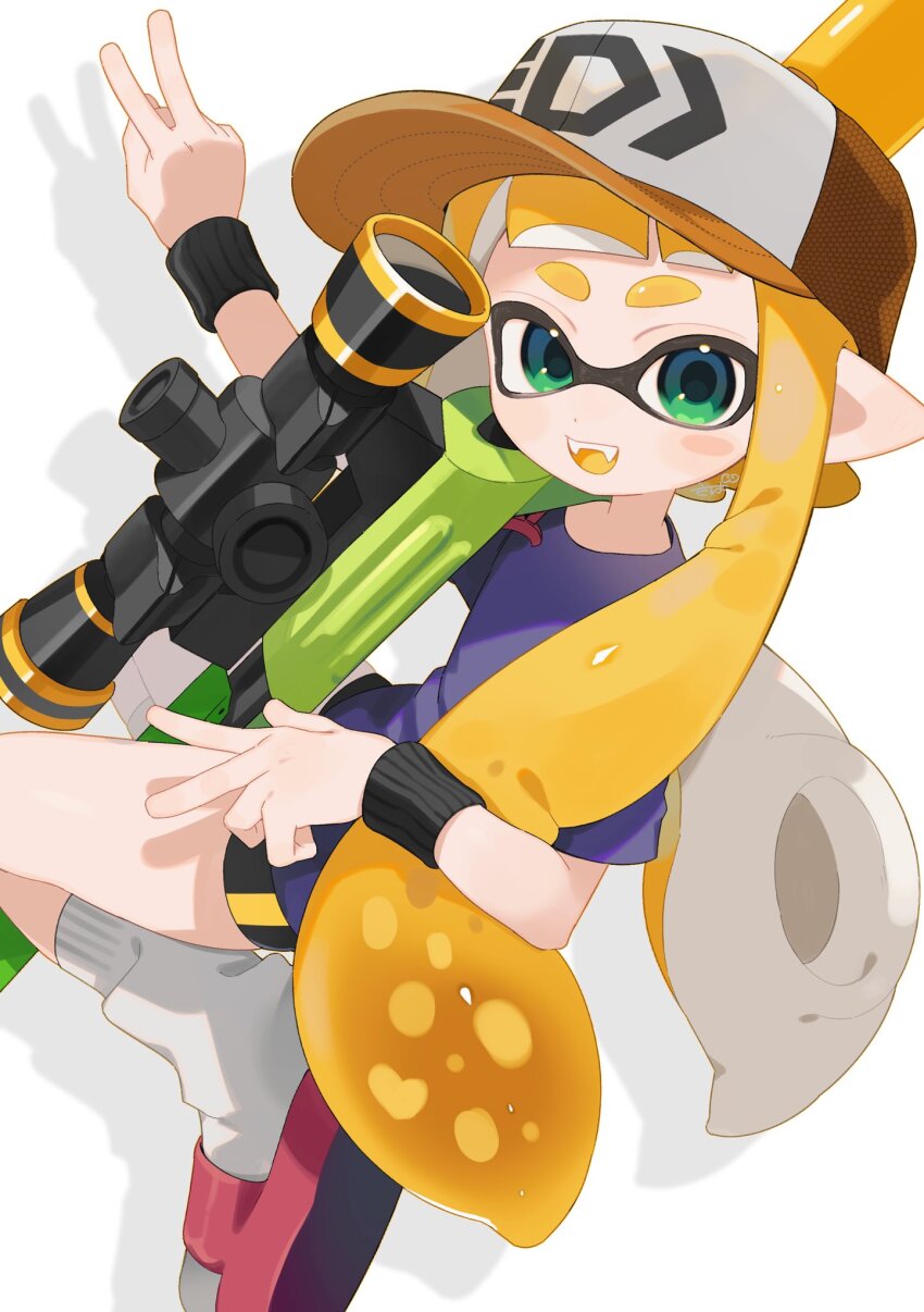 1girl baseball_cap black_shorts blonde_hair colored_tongue commentary_request double_v fangs green_eyes hand_up hat highres holding holding_weapon inkling inkling_girl inkling_player_character long_hair looking_at_viewer nintendo open_mouth pointy_ears purple_shirt red_sandals sabata_saba sandals scope shirt short_sleeves shorts simple_background smile socks solo splat_charger_(splatoon) splatoon_(series) sweatband t-shirt tentacle_hair twintails v very_long_hair weapon white_background white_socks wristband yellow_hat yellow_tongue