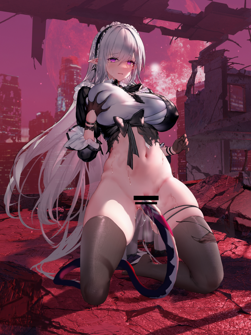 1girl bar_censor black_bow black_dress black_gloves black_hairband black_thighhighs bottomless bow breasts building censored city closers commentary_request deep_skin dress frilled_hairband frills full_moon gloves grabbing_own_breast hair_between_eyes hairband half_gloves highres huge_breasts huge_moon kneeling large_breasts large_variant_set levia_(closers) long_hair looking_at_viewer moon mosaic_censoring no_pupils no_shoes outdoors panties pointy_ears post-apocalypse purple_eyes pussy pussy_juice red_moon ruins shirt skindentation three-quarter_sleeves solo swd3e2 tearing_up tentacles thigh_strap thighhighs torn_clothes torn_dress underwear unworn_panties vaginal variant_set very_long_hair white_hair white_shirt