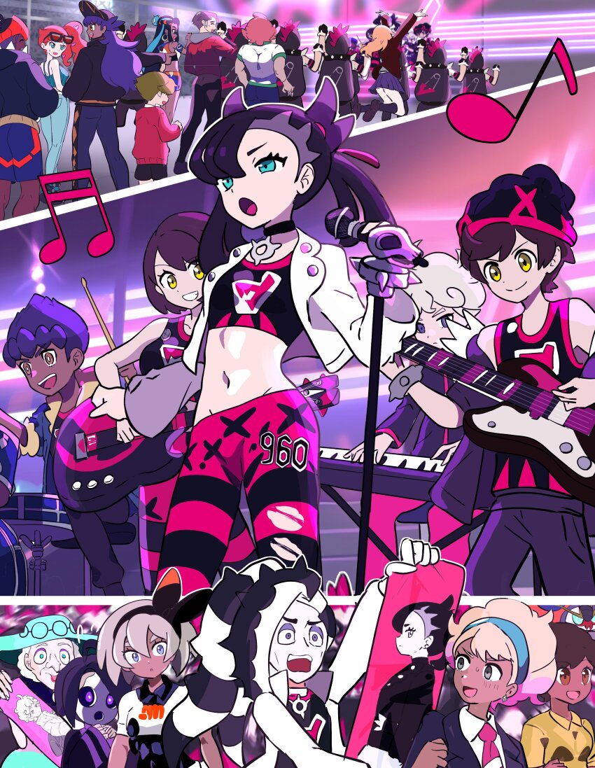 6+boys 6+girls absurdres allister_(pokemon) bea_(pokemon) beanie bede_(pokemon) black_choker black_hat blue_eyes blue_skirt cheering choker dark-skinned_male dark_skin drum drumsticks eyelashes gen_8_pokemon gloria_(pokemon) grin guitar hat highres holding holding_drumsticks holding_guitar holding_instrument hop_(pokemon) instrument kabu_(pokemon) keyboard_(instrument) lass_(pokemon) lass_(pokemon_swsh) leon_(pokemon) makademia marnie_(pokemon) microphone_stand milo_(pokemon) multiple_boys multiple_girls music musical_note navel nessa_(pokemon) nintendo opal_(pokemon) open_mouth orbeetle pants peonia_(pokemon) piers_(pokemon) pink_pants pleated_skirt pokemon pokemon_swsh purple_hair purple_pants raihan_(pokemon) red_sweater singing skirt smile sonia_(pokemon) sweater tank_top team_yell_grunt twintails victor_(pokemon) white_hair yellow_eyes youngster_(pokemon)