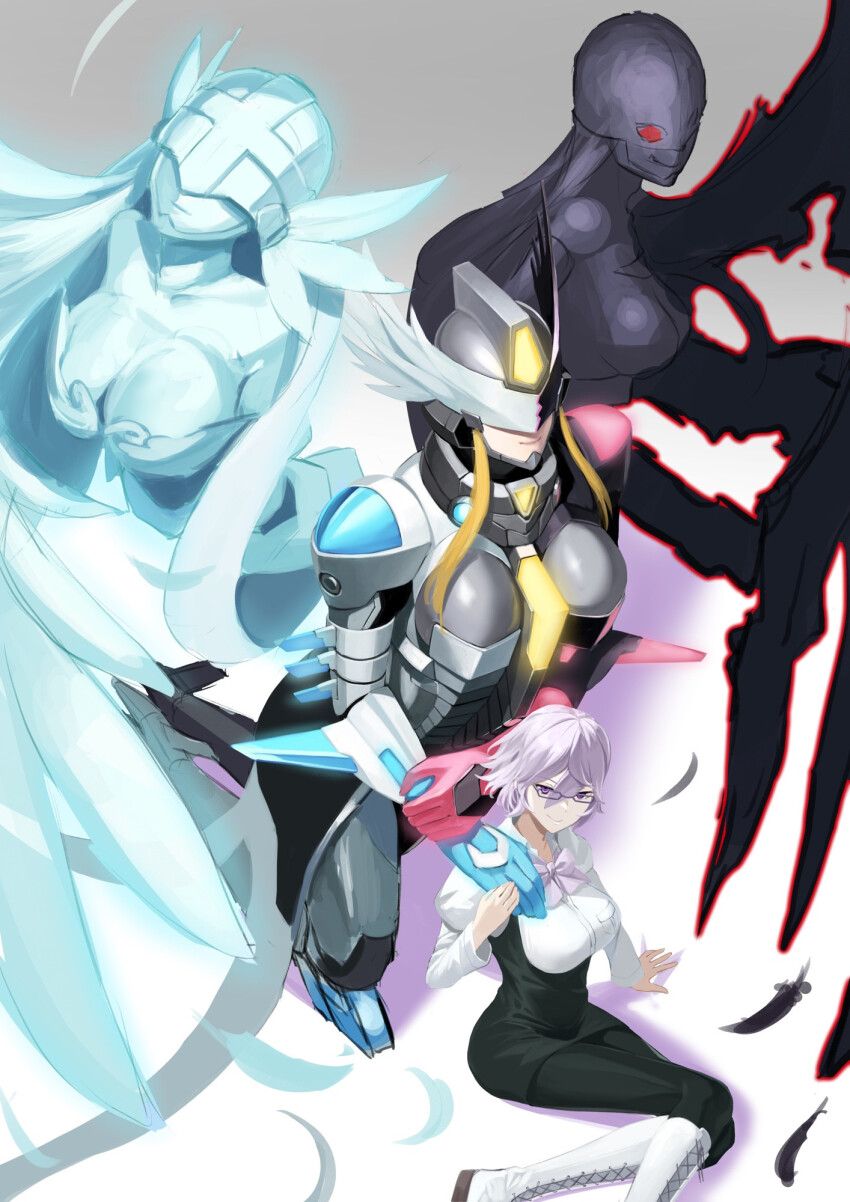 4girls angel angel_girl angewomon armor breasts cleavage covered_eyes demon demon_girl digimon digimon_(creature) digimon_world_re:digitize fallen_angel fusion glasses head_wings highres ladydevimon large_breasts long_hair mask mastemon mikagura_mirei multiple_girls purple_eyes purple_hair ribbon short_hair wings