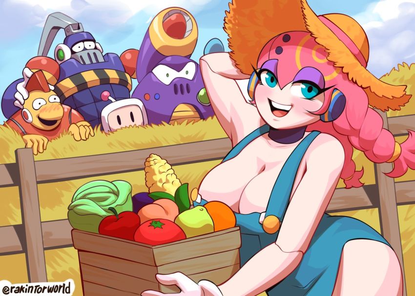 apple blue_eyes blush bomb_man bomberman box breasts capcom cleavage corn day farm food fruit grenade_man grin hat hay konami large_breasts lettuce looking_at_viewer mega_man_(classic) mega_man_(series) mega_man_5 mega_man_8 napalm_man open_mouth orange_(fruit) peach pink_hair rakintor robot robot_ears robot_girl rockman_(game) smile thighs tomato white_bomberman