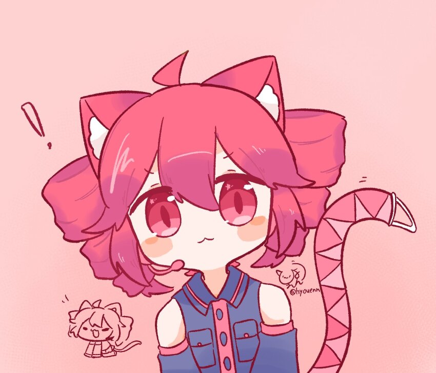 ! 1girl :3 ahoge animal_ear_fluff animal_ears bare_shoulders breast_pocket buttons cat_ears chibi closed_mouth collared_shirt detached_sleeves drill_hair grey_shirt grey_sleeves hair_between_eyes headset hyouenn kasane_teto kasane_teto_(utau) kemonomimi_mode looking_at_viewer pocket red_eyes red_hair shirt simple_background sleeveless sleeveless_shirt solo tail tail_raised twin_drills upper_body utau