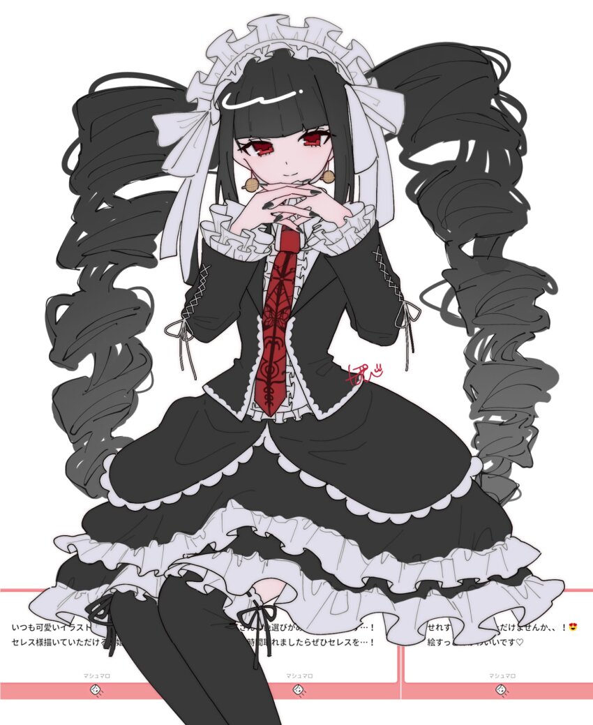 1girl black_hair black_jacket black_nails black_thighhighs bonnet celestia_ludenberg danganronpa:_trigger_happy_havoc danganronpa_(series) drill_hair earrings feet_out_of_frame frills gothic_lolita highres jacket jewelry lolita_fashion long_hair long_sleeves looking_at_viewer nail_polish necktie pote_(pote_39) red_eyes red_necktie shirt sitting skirt smile solo thighhighs twin_drills twintails white_background