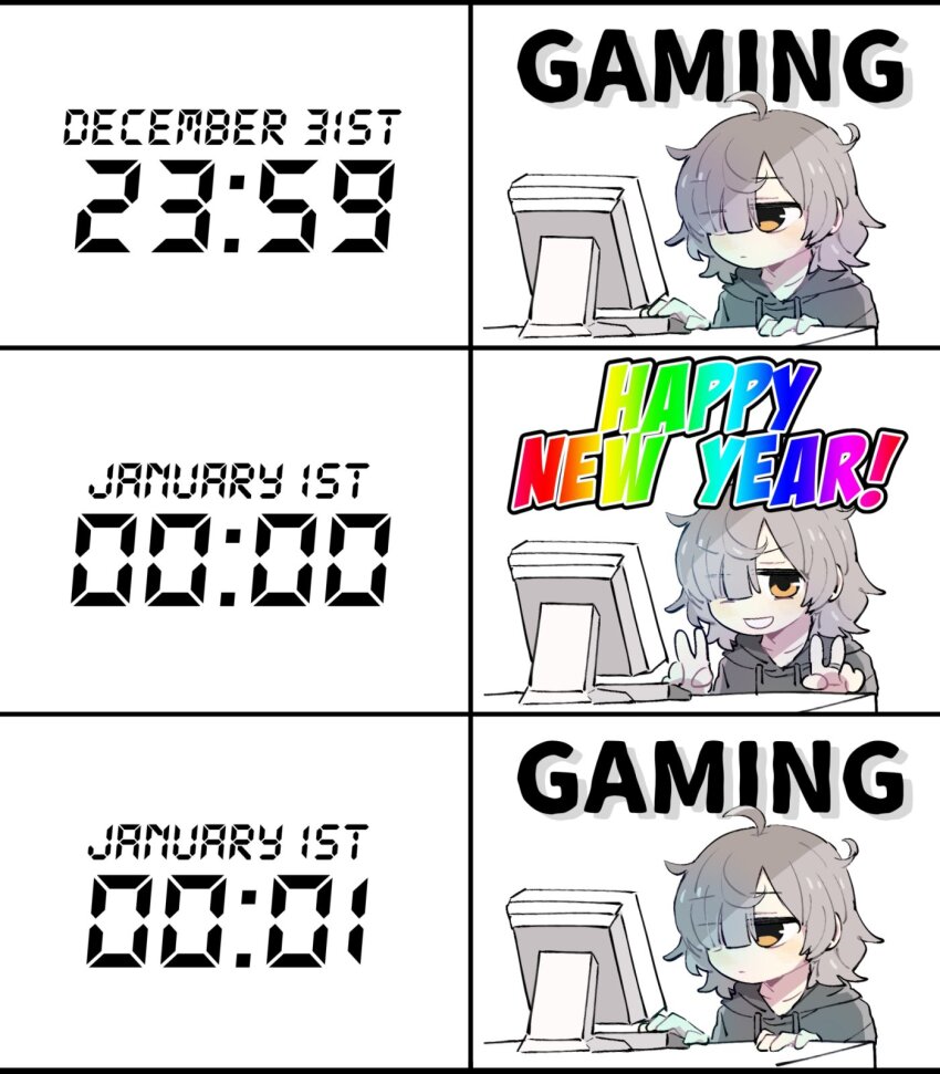 1girl ahoge an_sin blunt_bangs closed_mouth comic computer cowlick double_v drawstring english_text grey_hair grey_hoodie hair_over_one_eye happy_new_year highres hood hood_down hoodie jewelry long_bangs looking_at_object looking_at_viewer magia_record:_mahou_shoujo_madoka_magica_gaiden mahou_shoujo_madoka_magica messy_hair miwa_mitsune new_year one_eye_covered orange_eyes portrait ring segment_display short_hair swept_bangs truth v white_background
