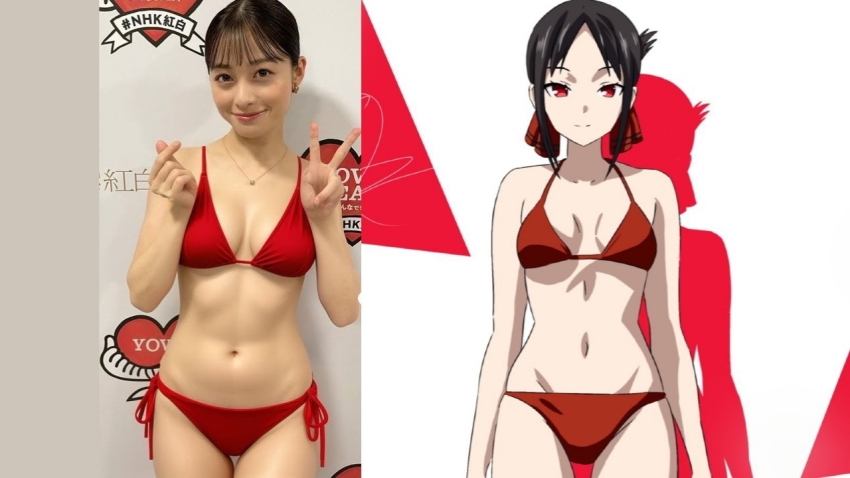 belly bikini breasts cleavage closed_mouth cropped_torso hair_ornament hashimoto_kanna kaguya-sama_wa_kokurasetai_~tensai-tachi_no_renai_zunousen~ long_hair looking_at_viewer midriff navel ponytail red_bikini red_eyes reference_inset ribbon shinomiya_kaguya simple_background small_breasts smile standing stomach swimsuit third-party_edit upper_body