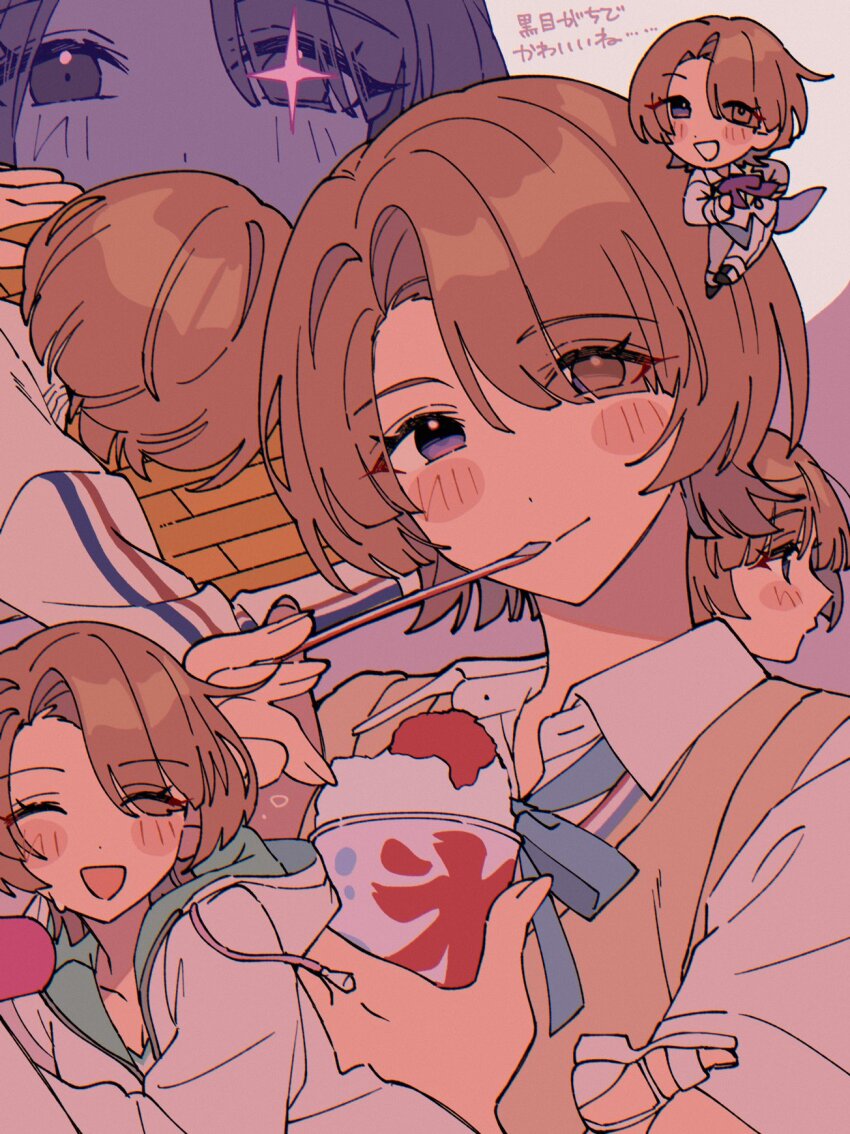 1girl arimura_mao asymmetrical_bangs blush collage drinking_straw fluorite_(idolmaster) food gakuen_idolmaster hatsuboshi_gakuen_school_uniform highres holding holding_drinking_straw hood hooded_jacket idolmaster jacket kimi_to_semi_blue_(idolmaster) looking_at_viewer multiple_views niyororinpayamaru pink_hair purple_eyes school_uniform shaved_ice smile spoon_straw syrup track_jacket translated two-sided_fabric two-sided_jacket white_jacket