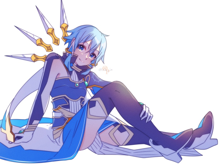 1girl absurdres aqua_hair armor asymmetrical_sleeves blade_wings blue_armor blue_dress blue_eyes blue_hair boots breastplate closed_mouth detached_wings dress full_body gloves hair_between_eyes hair_ornament hair_tubes high_heels highres jewelry looking_at_viewer neosight short_hair short_hair_with_long_locks shoulder_armor sidelocks signature simple_background single_wing sinon sinon_(solus) sitting skirt smile solo sword_art_online sword_art_online:_alicization sword_art_online:_alicization_-_war_of_underworld thigh_boots white_background wings