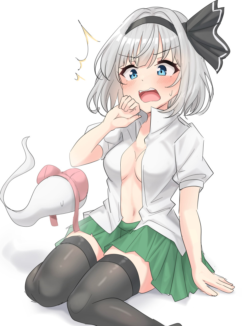 1girl absurdres black_bow black_hairband black_thighhighs blue_eyes blush bow bra bra_on_head breasts collared_shirt commentary_request dress_shirt green_skirt grey_hair hair_bow hairband highres konpaku_youmu konpaku_youmu_(ghost) looking_at_another navel no_bra object_on_head open_clothes open_mouth open_shirt pink_bra pleated_skirt puffy_short_sleeves puffy_sleeves shadow shirt short_hair short_sleeves simple_background sitting skindentation skirt solo sweatdrop thighhighs touhou underwear white_background youyume-kun zettai_ryouiki