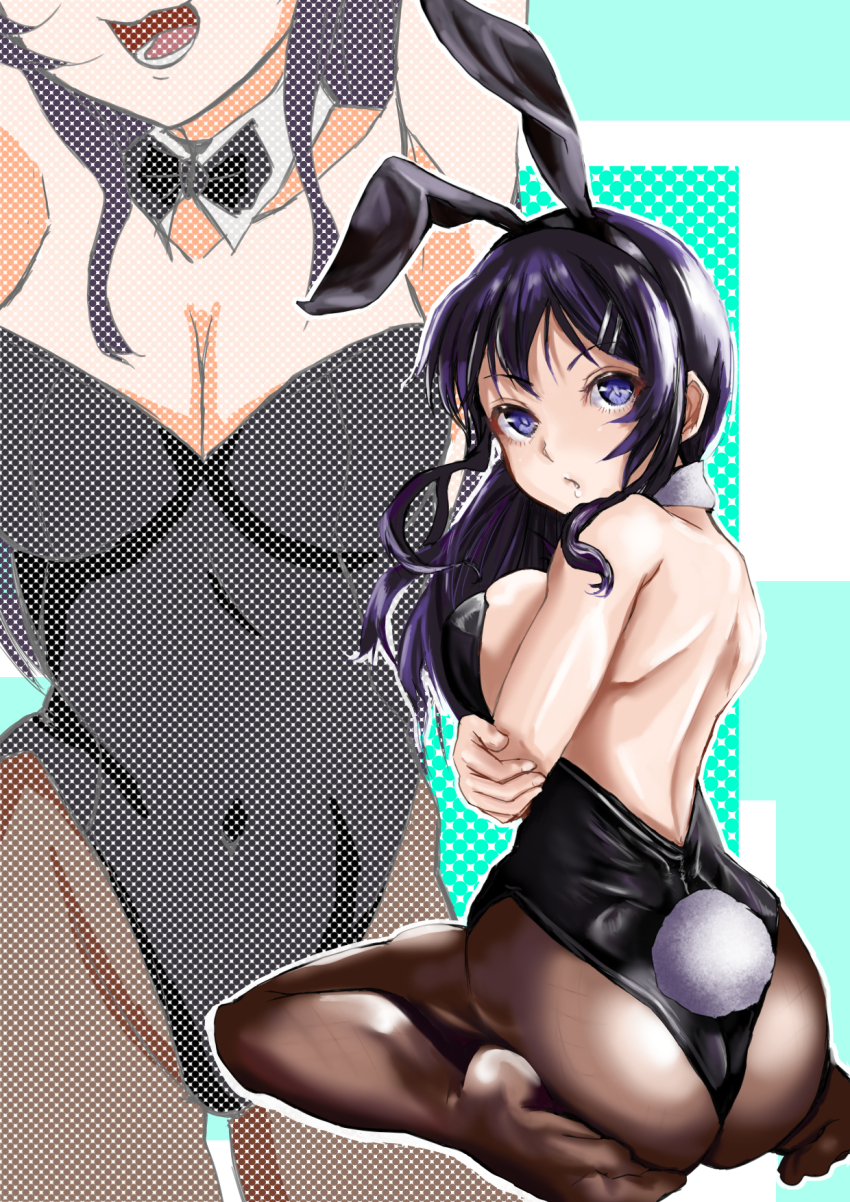 1girl animal_ears ass black_bow black_bowtie black_hair black_pantyhose bow bowtie breasts cleavage commentary detached_collar from_behind hair_ornament hairclip highres kanariko leotard long_hair looking_at_viewer medium_breasts multiple_views pantyhose playboy_bunny purple_eyes rabbit_ears rabbit_tail revision sakurajima_mai seishun_buta_yarou sitting tail wariza wrist_cuffs zoom_layer