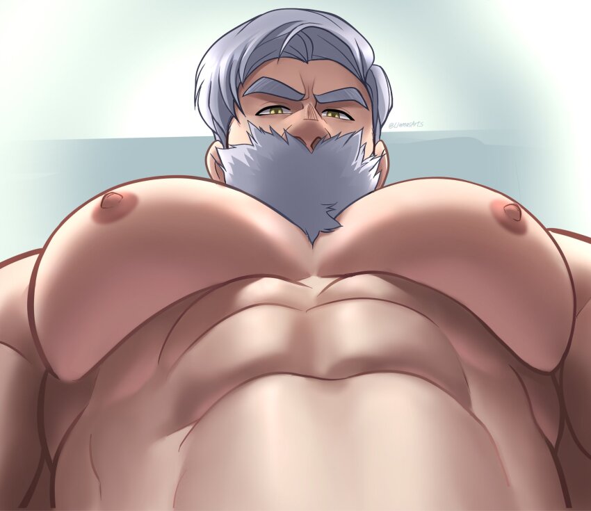 1boy abs bara beard_over_mouth drayden_(pokemon) foreshortening from_below grey_hair highres huge_pectorals lamasart looking_at_viewer looking_down male_focus meme muscular muscular_male nintendo nipples nude pec_pov_(meme) photo-referenced pokemon pokemon_bw short_hair solo thick_eyebrows upper_body white_hair