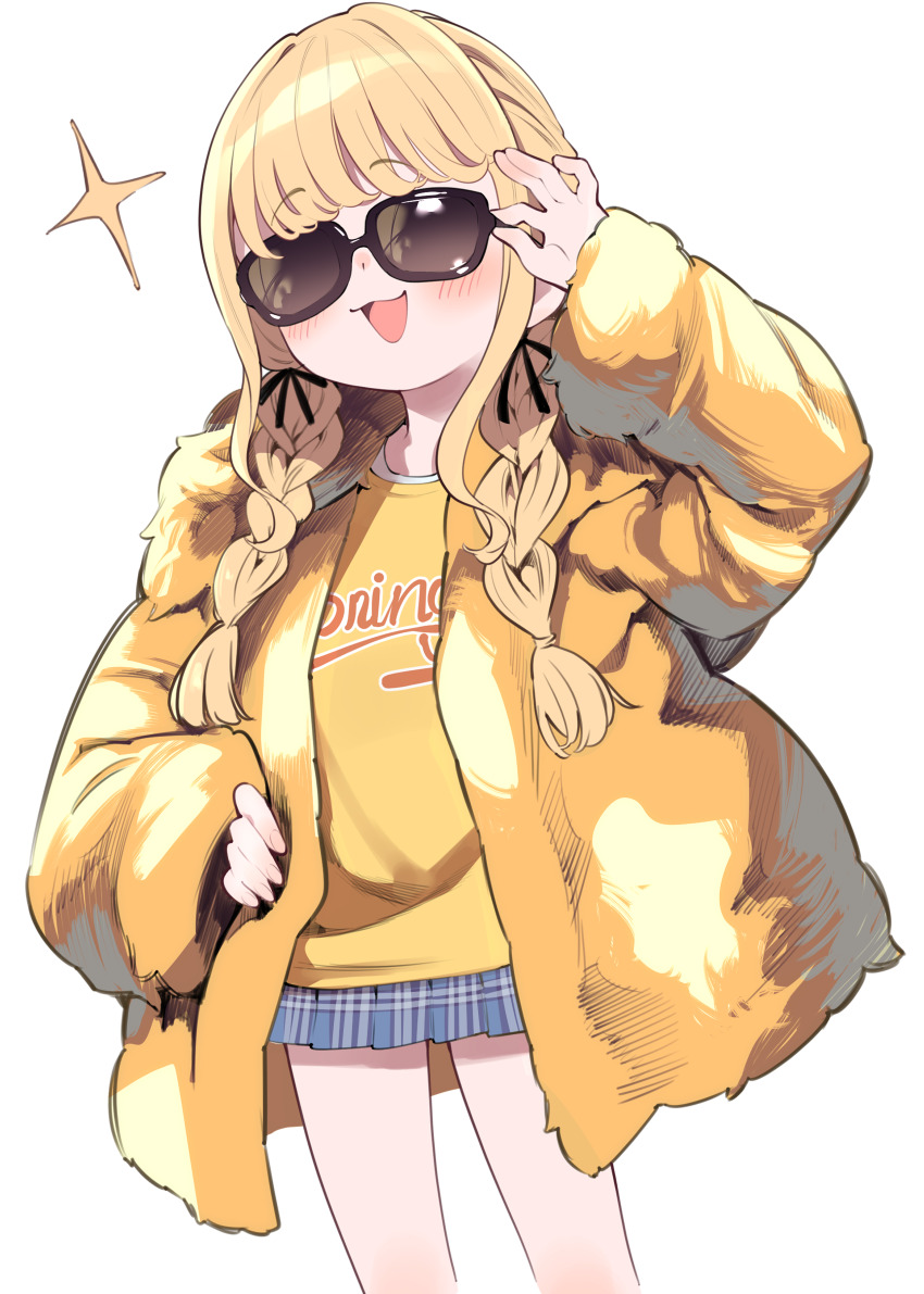 1girl absurdres adjusting_eyewear alternate_costume black-framed_eyewear black_ribbon blue_skirt blush braid commentary_request cowboy_shot fujita_kotone gakuen_idolmaster hair_ribbon hand_on_eyewear hand_on_own_hip highres idolmaster jacket long_hair ribbon shirt simple_background skirt smile solo sparkle sunglasses sutora_binsuke thighs twin_braids white_background yellow_jacket yellow_shirt