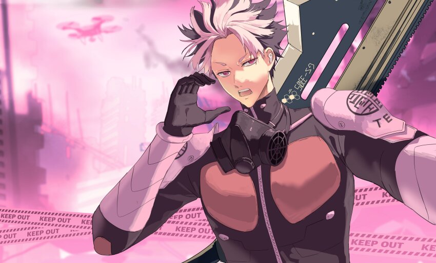 1boy absurdres black_gloves black_hair caution_tape drone gas_mask gloves highres kaijuu_no._8 keep_out looking_at_viewer mask multicolored_hair narumi_gen open_mouth parted_bangs pink_sky red_eyes ryepe short_hair shoulder_plates sky solo spiked_hair turtleneck two-tone_hair upper_body weapon weapon_on_back white_hair