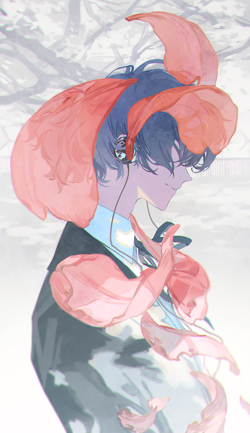 1boy absurdres black_jacket blue_eyes blue_hair collared_shirt commentary digital_media_player digital_walkman from_side gekkoukan_high_school_uniform headphones highres jacket long_sleeves male_focus neck_ribbon pale_color persona persona_3 persona_3_reload petals profile ribbon school_uniform shirt short_hair smile solo upper_body walkman_nw-s203f white_shirt yasaiiii_444 yuuki_makoto_(persona_3)