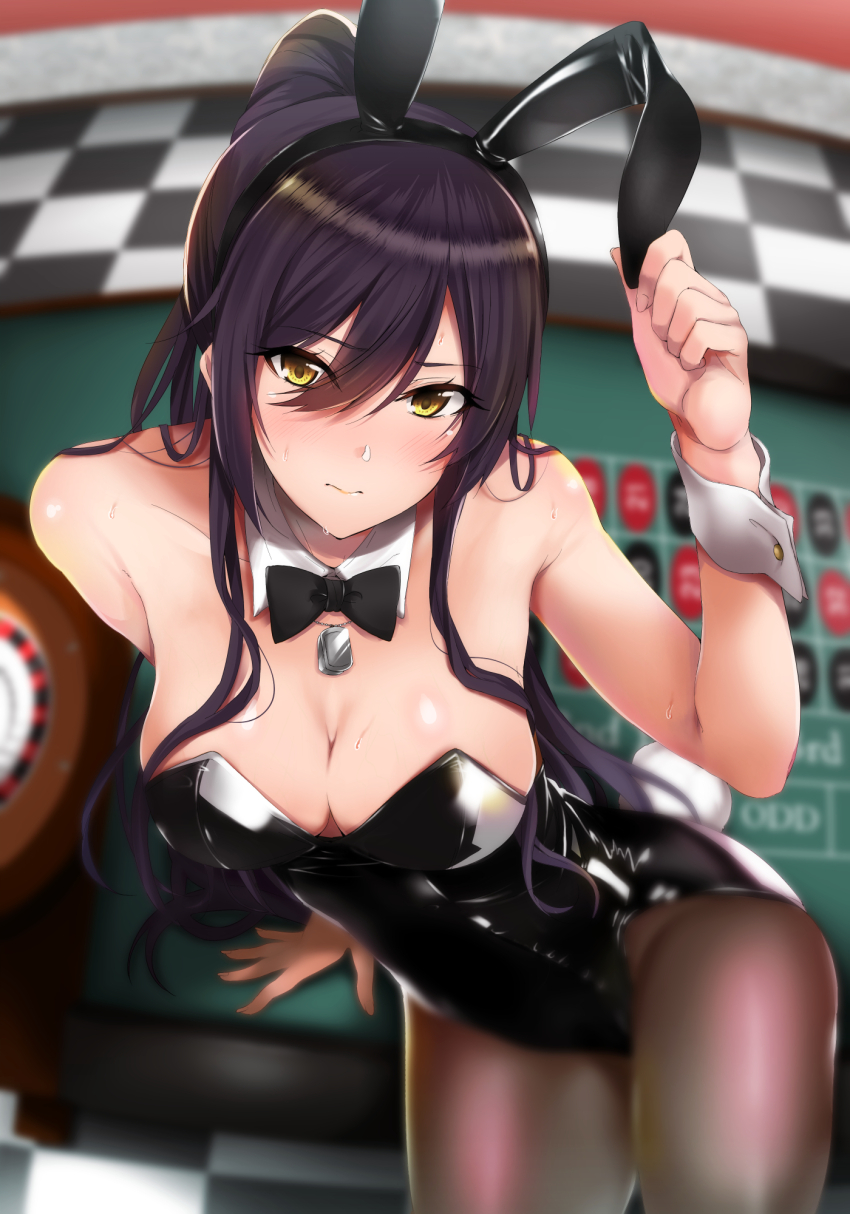 1girl black_hair black_leotard breasts cleavage highres idolmaster idolmaster_shiny_colors leotard playboy_bunny shirase_sakuya