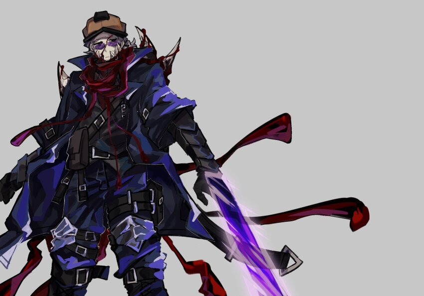 1boy bi_qian79294 black_gloves black_vest blood blue_coat blue_pants builderman_(roblox) coat cowboy_shot dimension_shredder_(e.g.o) e.g.o_(project_moon) energy_blade gauntlets gloves grey_background grey_hair helmet highres limbus_company long_sleeves low_ponytail male_focus medium_hair orange_helmet pants ponytail project_moon red_scarf roblox scarf simple_background solo sunglasses vest