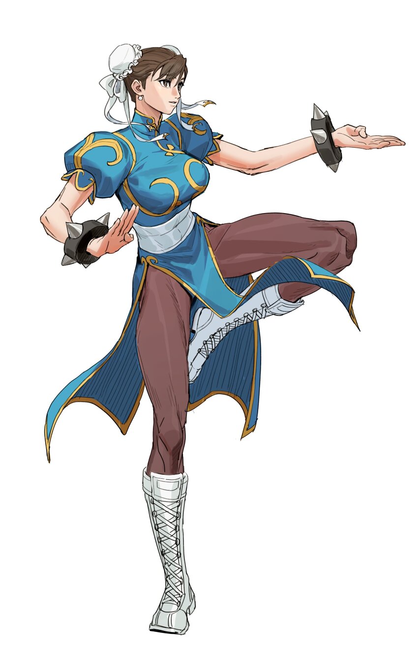 1girl absurdres blue_dress boots bracelet breasts brown_hair brown_pantyhose bun_cover capcom china_dress chinese_clothes chun-li double_bun dress earrings fighting_stance foot_up full_body hair_bun highres jewelry lace-up_boots large_breasts pantyhose parted_lips pearl_earrings pelvic_curtain puffy_short_sleeves puffy_sleeves sash short_sleeves solo spiked_bracelet spikes standing standing_on_one_leg street_fighter street_fighter_ii_(series) white_background white_boots white_sash yiguanli123